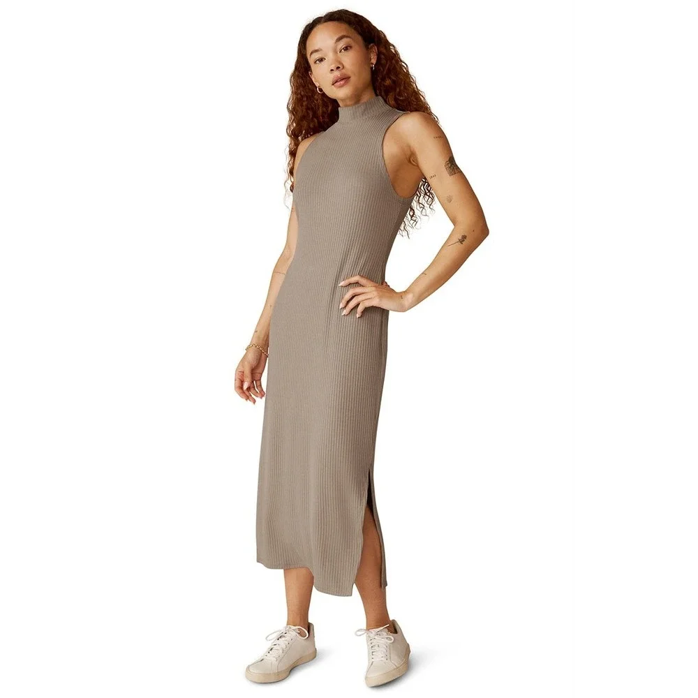 Beyond‎ Yoga Womens Ribbed Mock Neck Sleeveless Midi Dress Taupe Brown Large